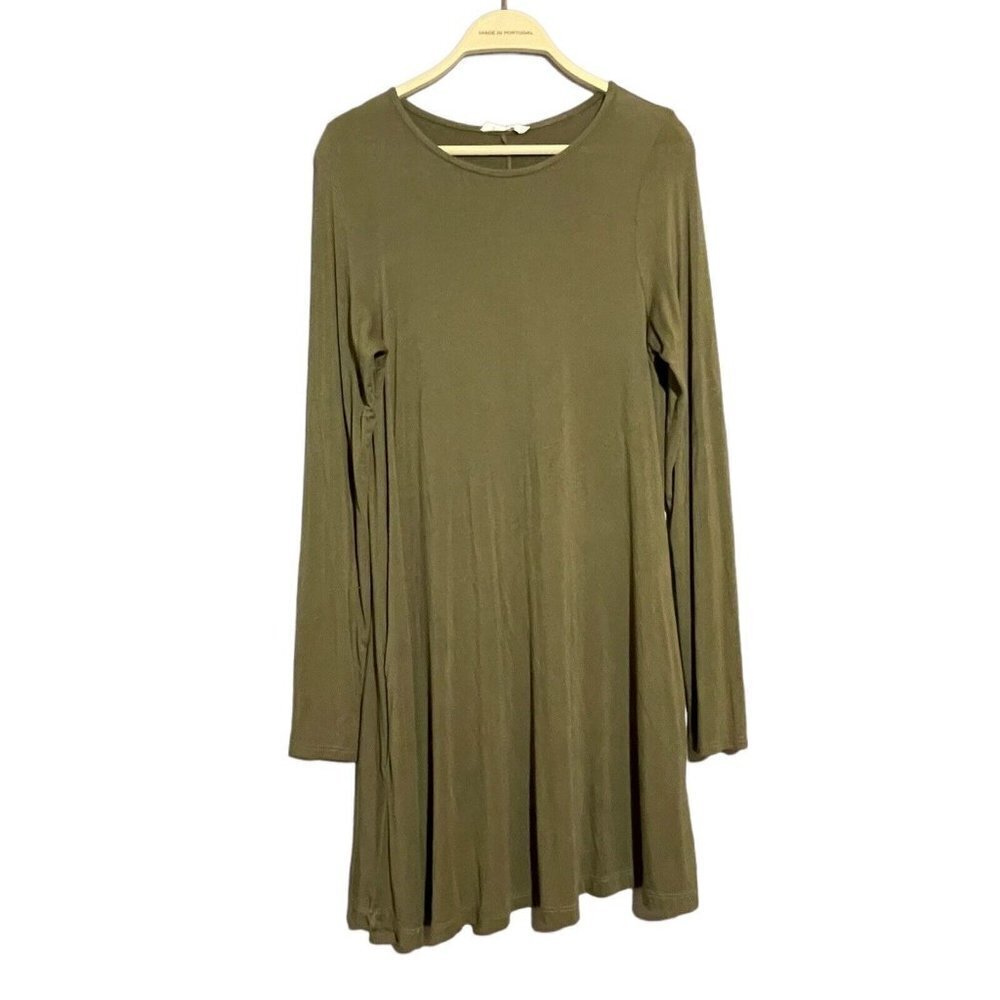 Bsharp Women Tshirt Shift Dress Tanboocel Size M Green Ruffle Long Sleeve Pocket